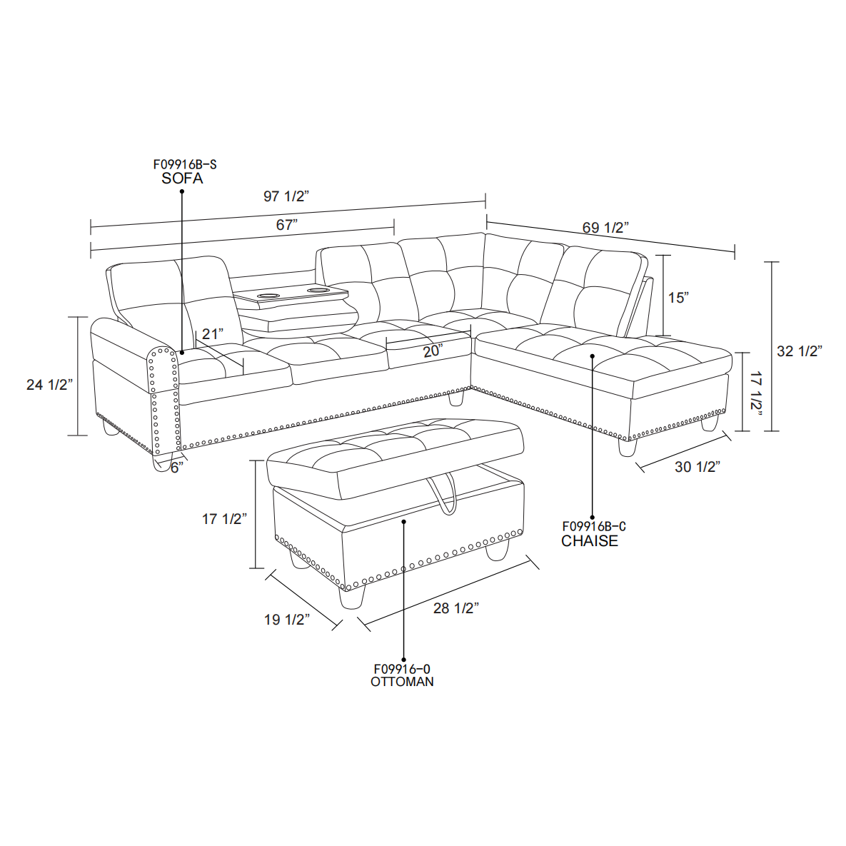 F09914B PU White Sectional + Ottoman