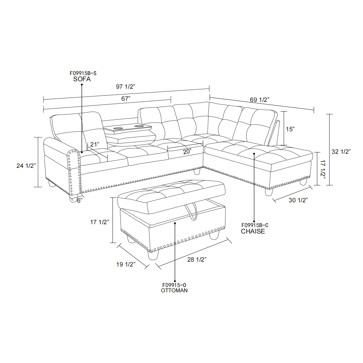 F09915B PU Sectional + Ottoman Set