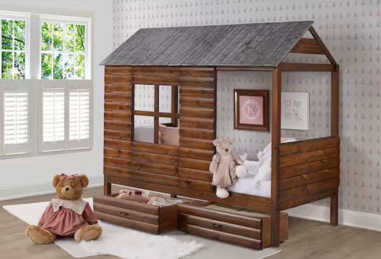 Cama alta baja tipo cabaña de troncos doble con cajones 2103-TRWRS 