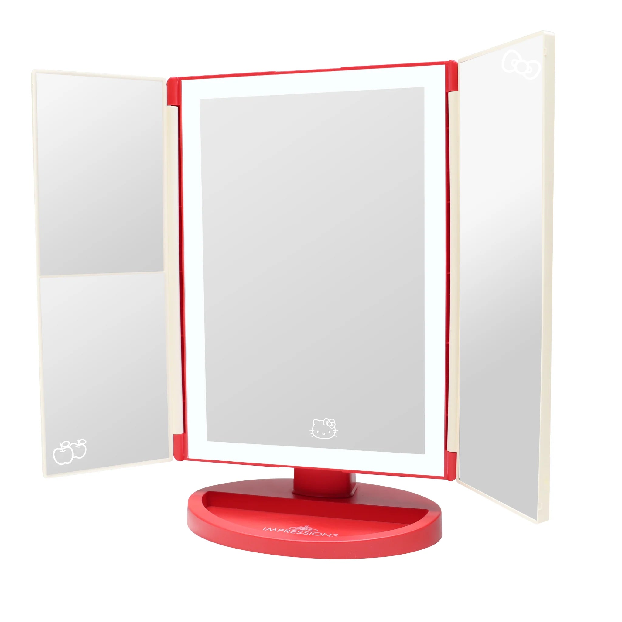 Espejo de maquillaje LED triple con diseño de manzanas de Hello Kitty