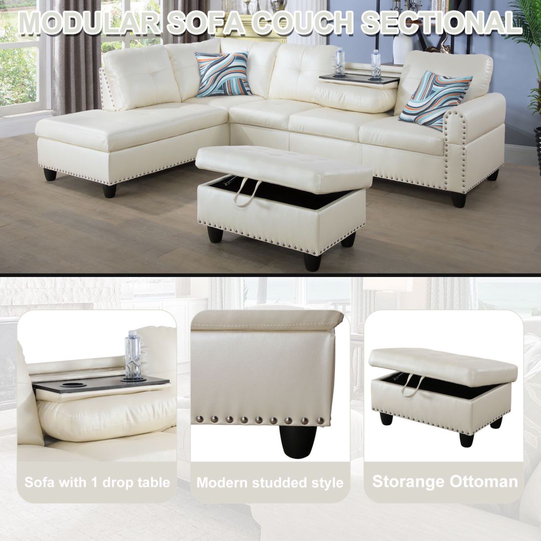 F09914B PU White Sectional + Ottoman