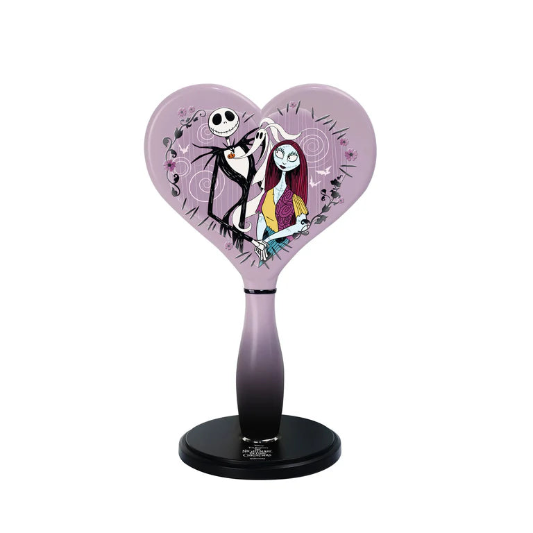 Espejo de maquillaje de mano con forma de corazón y luz LED de Jack Skellington y Sally con base de pie