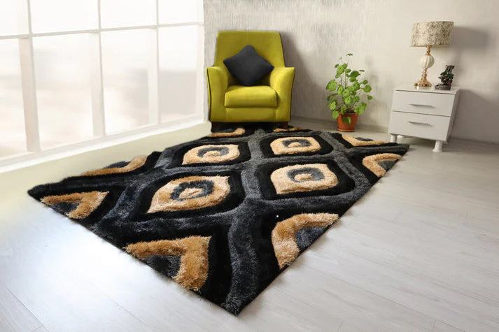 Colibri Shaggy 3D Gold Black Area Rug 151