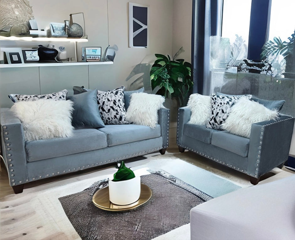 2019 Sofá gris/azul + Loveseat Nailheads