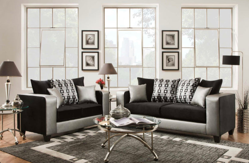 115 Sliver/Black Sofa + Loveseat